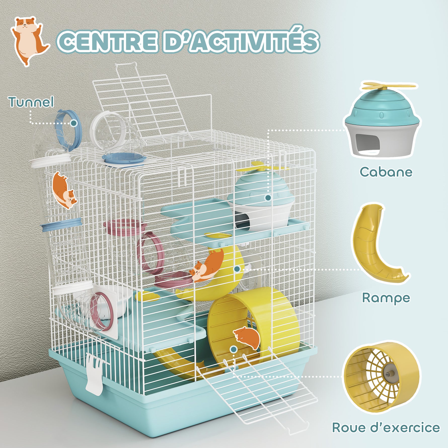 Cage hamster, cage rongeur à 3 niveaux, avec roue d'exercice, tunnel de jeu, gamelle, cabane, 34,5 x 27,5 x 41 cm, bleu