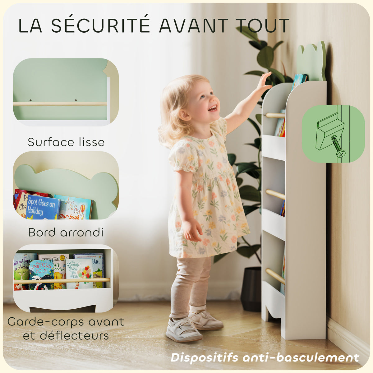 Bibliothèque pour enfant, rangement livre enfant 3 niveaux pour salle de jeux, chambre d'enfant, vert
