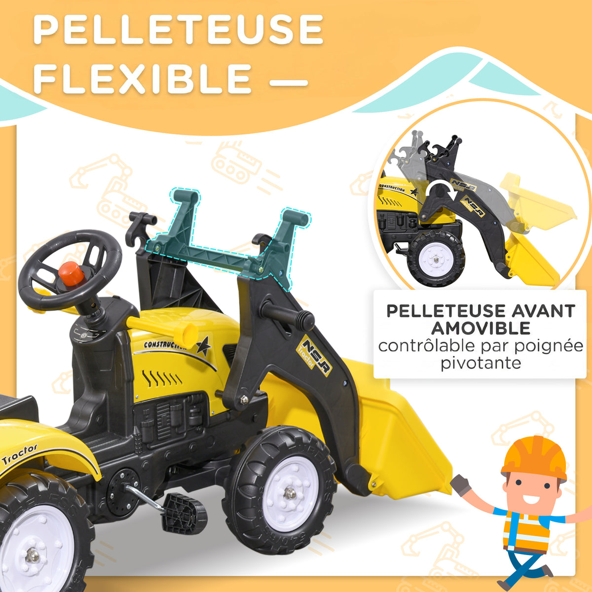 Pedal tractor backhoe with trailer, shovel and rake, outdoor toy for children aged 3 and up, yellow and black