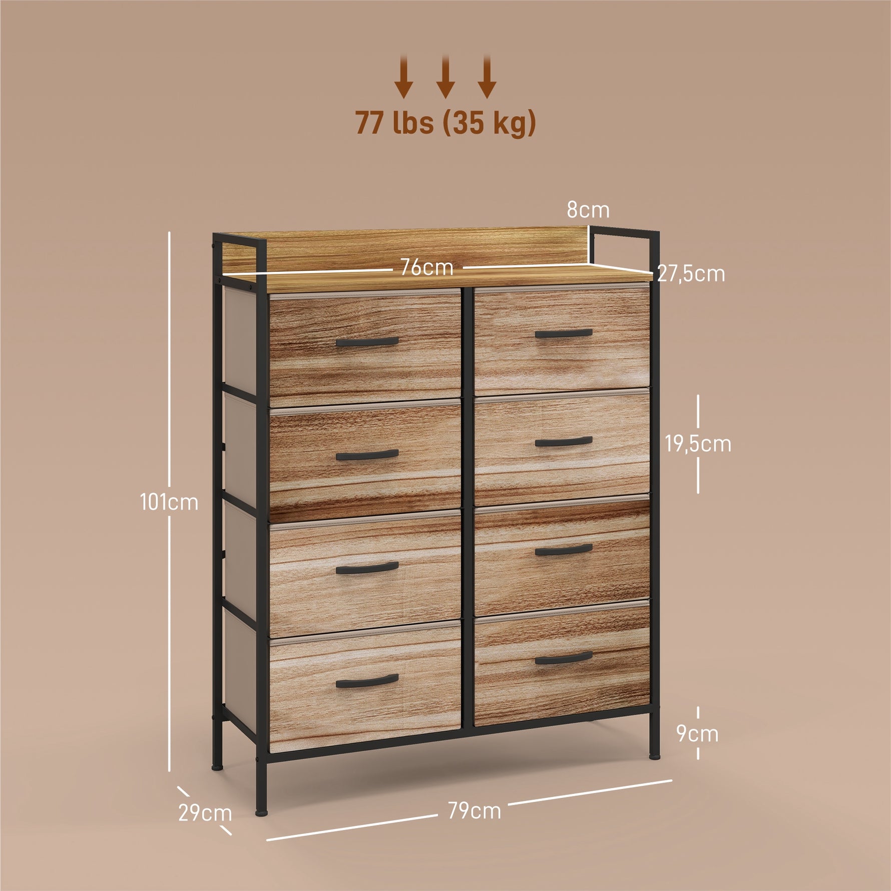 Meuble de Rangement commode 8 tiroirs en tissu amovibles, étagère supérieure et cadre acier 79L x 29l x 101H cm