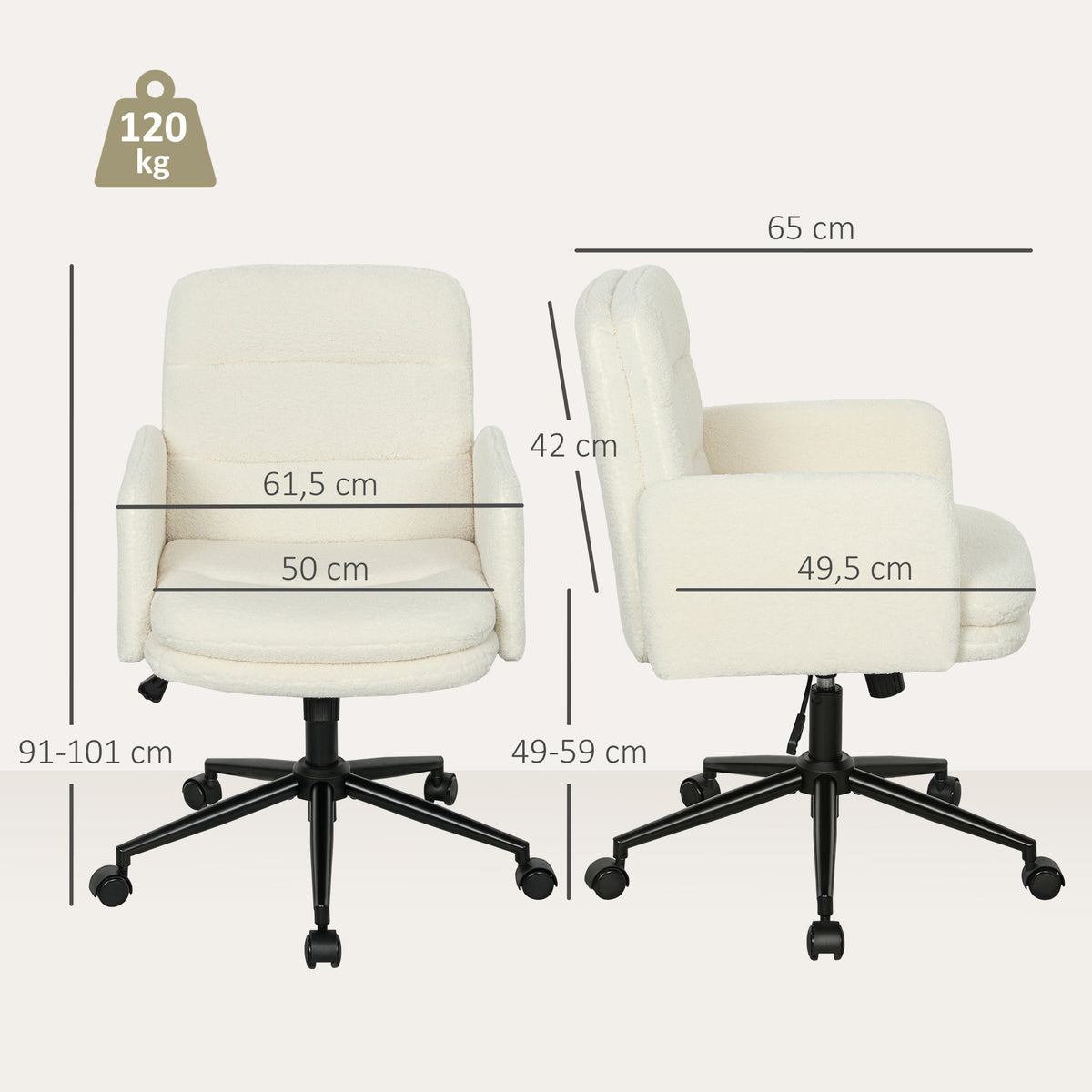 Chaise de bureau, fauteuil de bureau pivotante avec hauteur réglable, fonction de bascule, 61,5 x 65 x 91-101 cm, crème