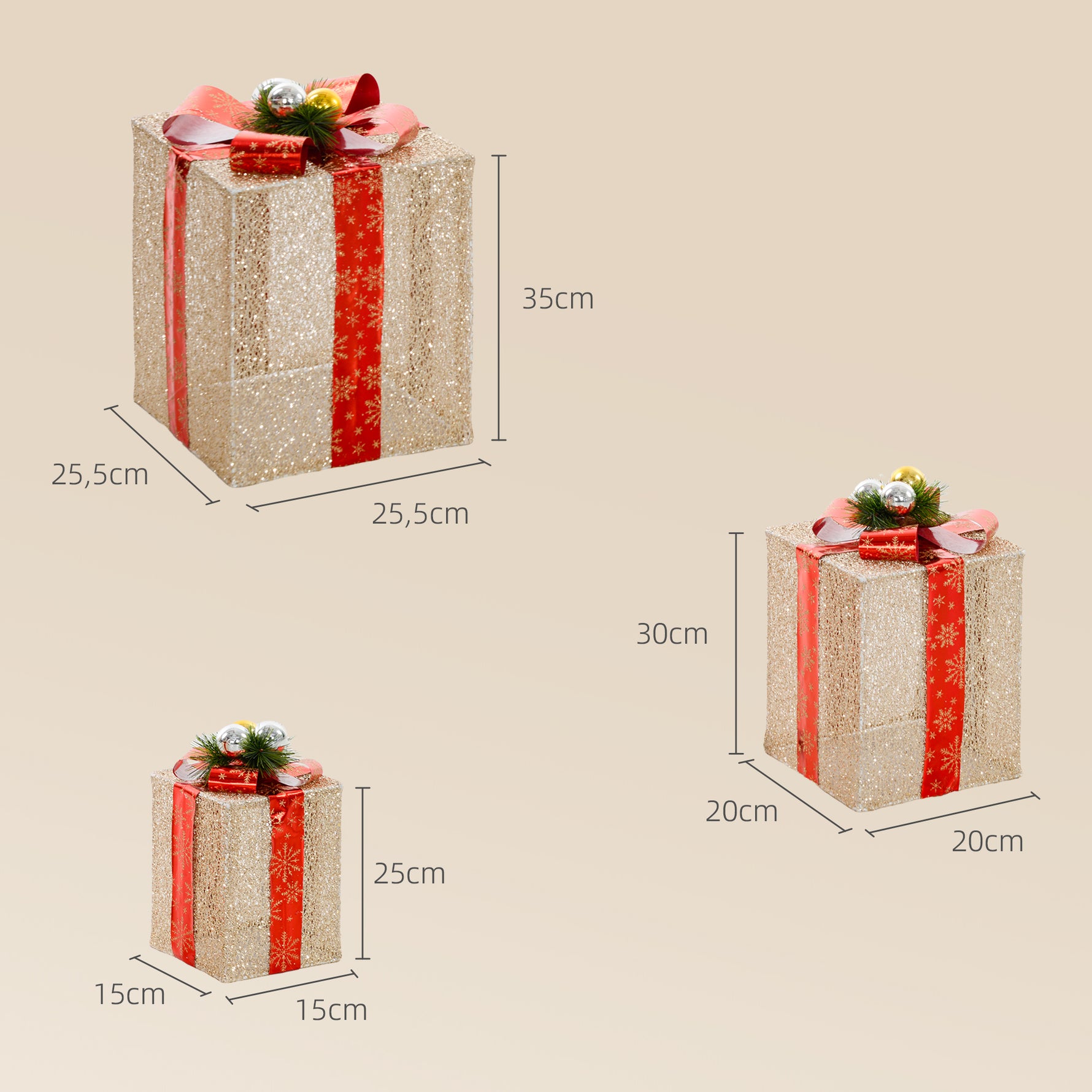 Boîtes cadeaux Noël lumineuse décorations de Noël avec nœud 58 lumières lot de 3 boîtes à cadeaux à LED or
