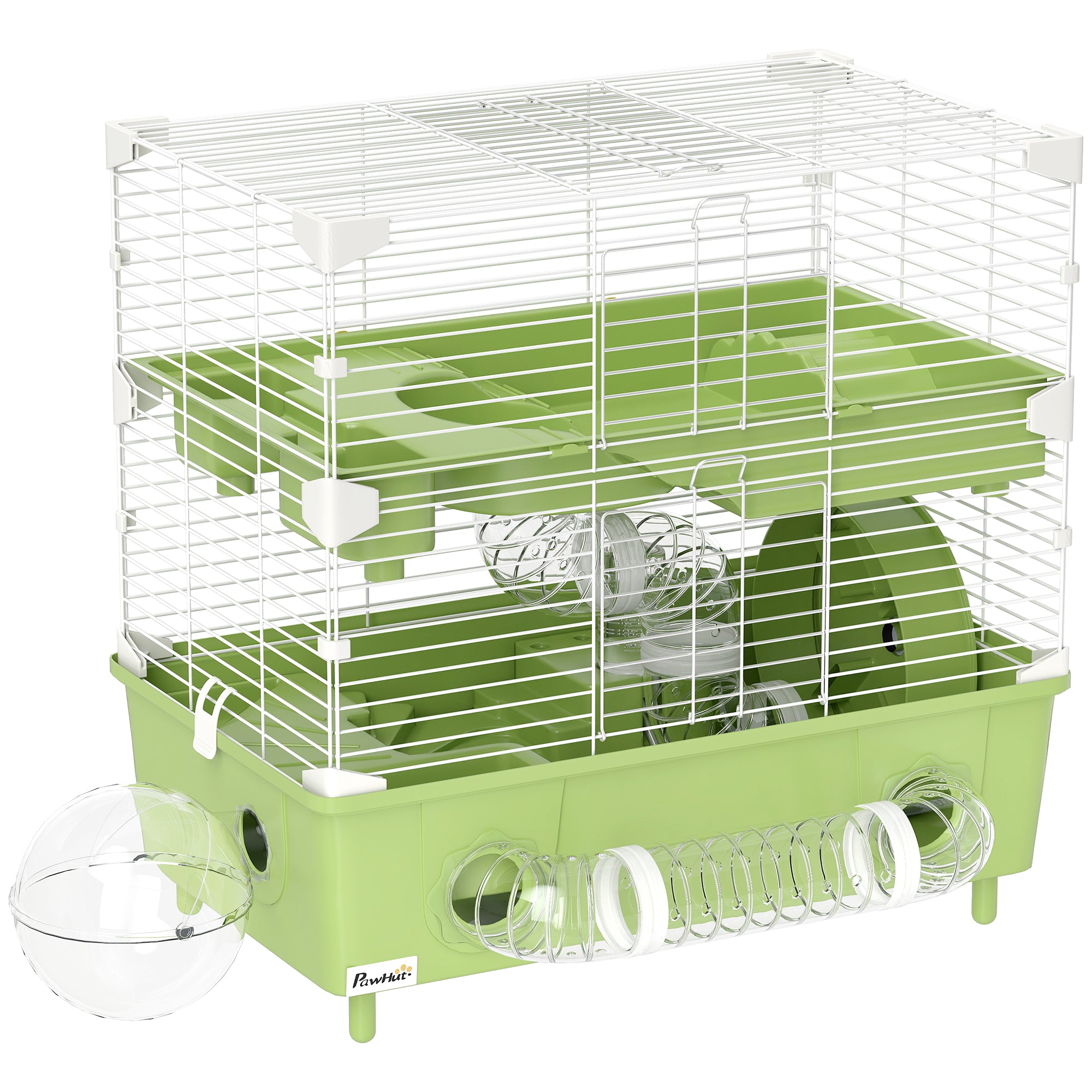 Jaula para hámster de 2 niveles con rueda de ejercicio y baño de arena para hámster enano 44,5 x 28 x 44 cm verde