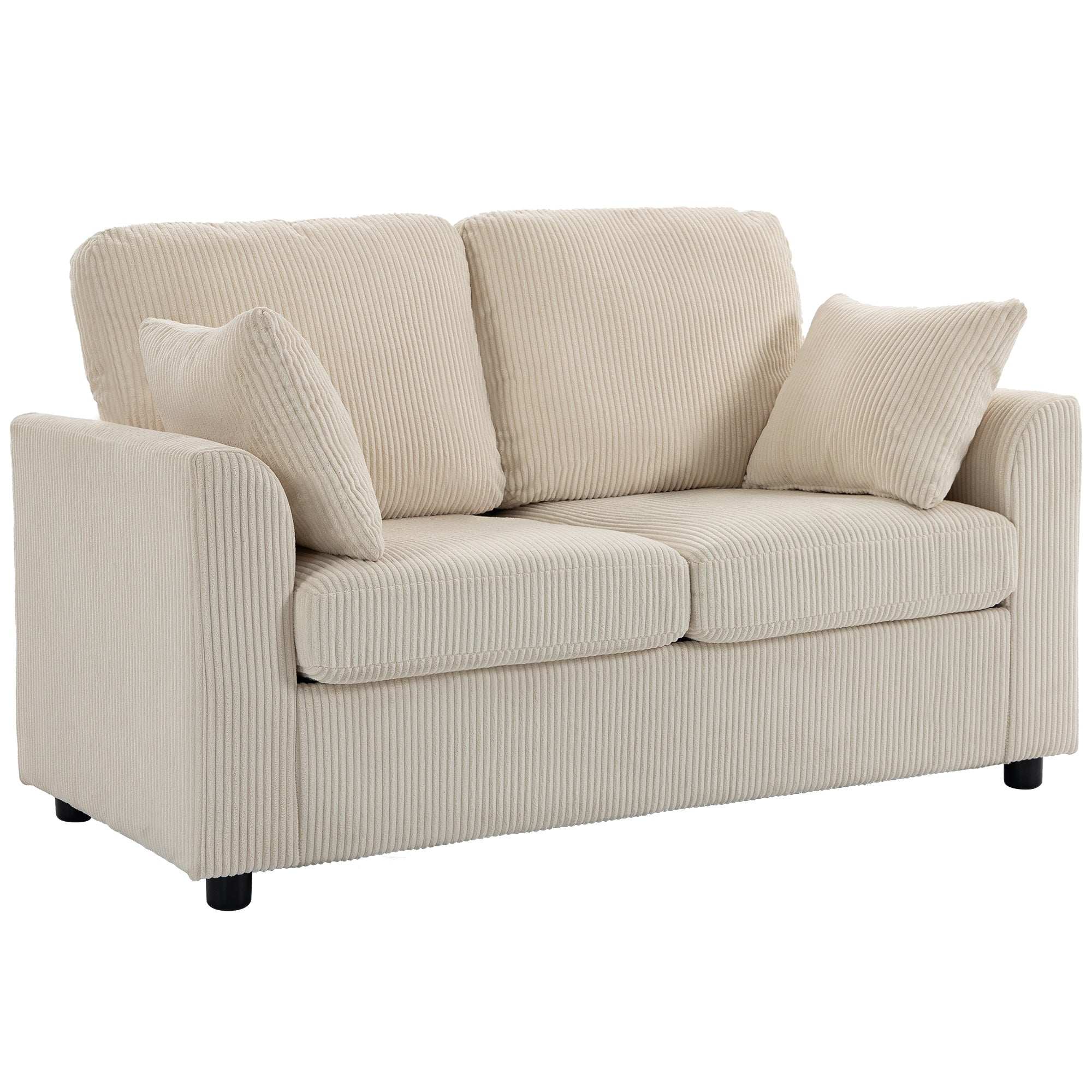 Canapé 2 Places en Velours Côtelé, Canapé de Salon 144 cm avec Assise Large Rembourrée, 2 Oreillers, Beige-0