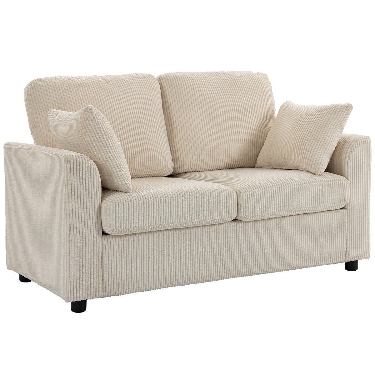 Canapé 2 Places en Velours Côtelé, Canapé de Salon 144 cm avec Assise Large Rembourrée, 2 Oreillers, Beige