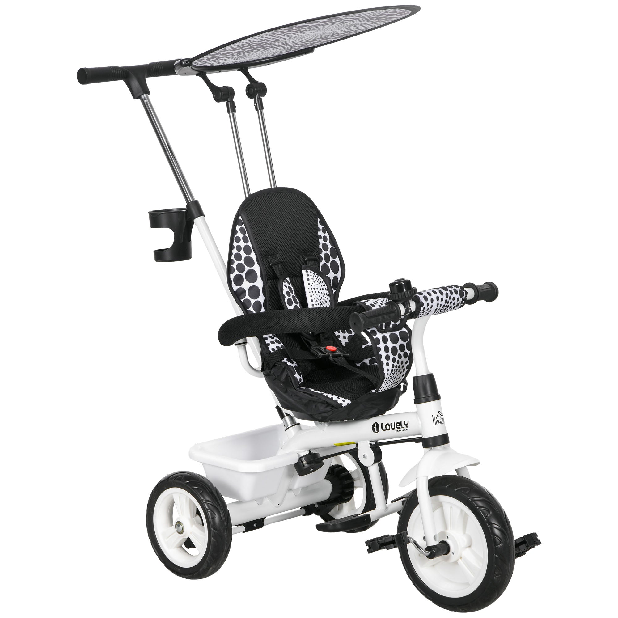 Tricycle Enfants Pare-Soleil Pliable Canne Amovible Benne Rangement 105 x 47 x 98 cm Acier Blanc et Noir