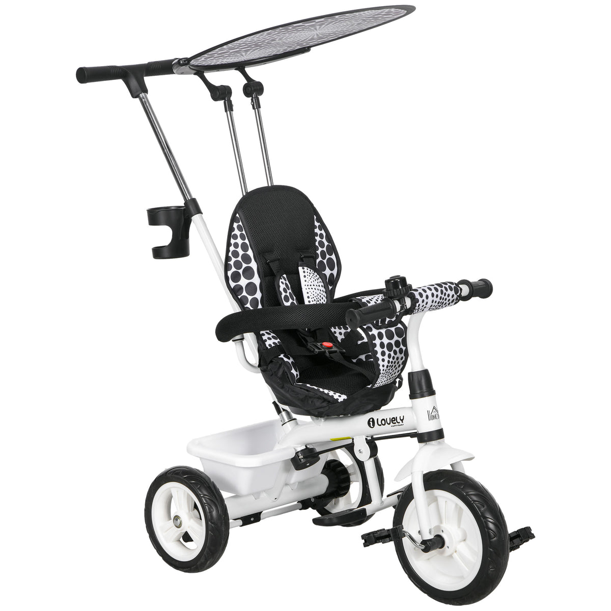 Tricycle Enfants Pare-Soleil Pliable Canne Amovible Benne Rangement 105 x 47 x 98 cm Acier Blanc et Noir