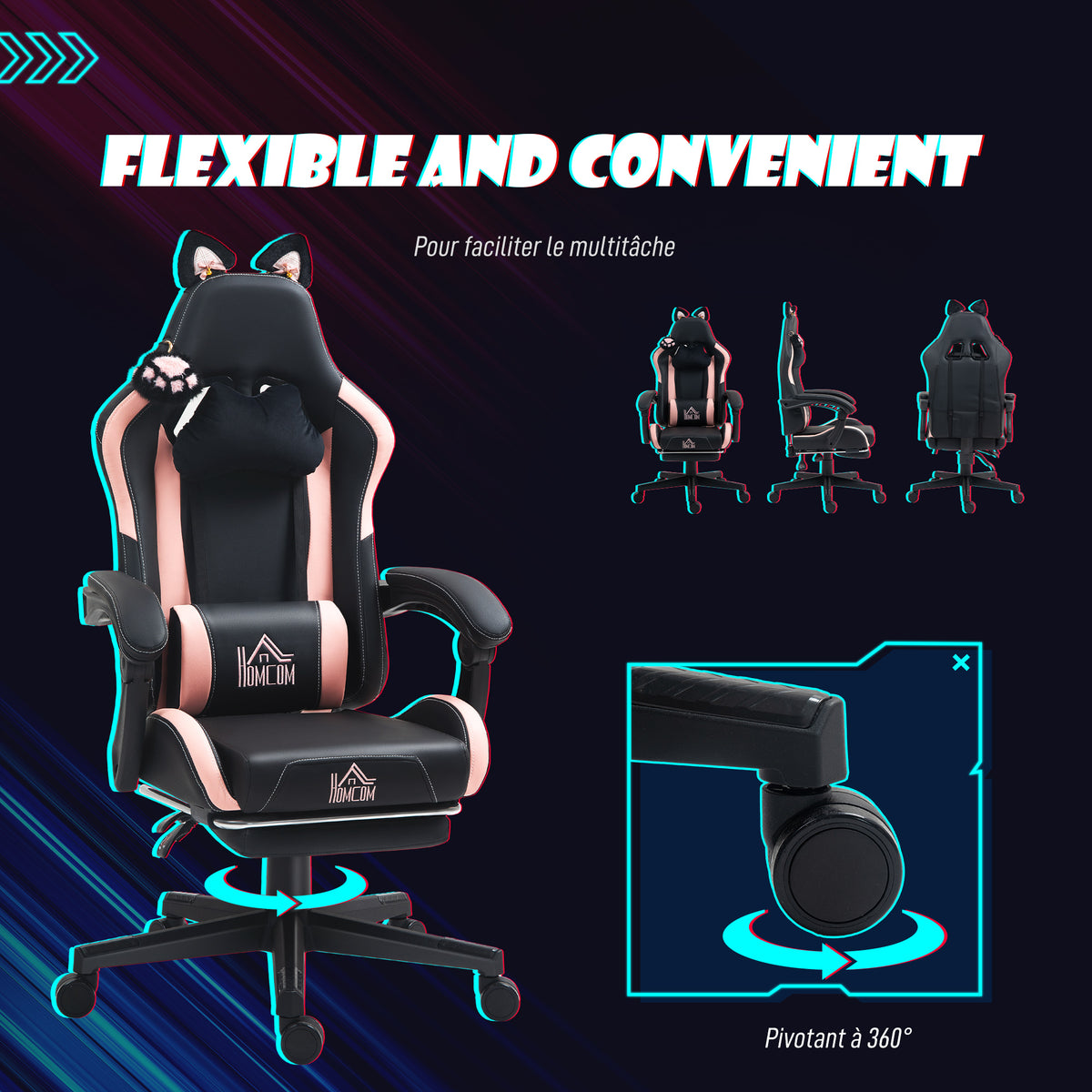Chaise gaming ergonomique avec Oreilles de Chat, fauteuil gamer avec dossier inclinable, 65 x 62 x 124 cm, noir