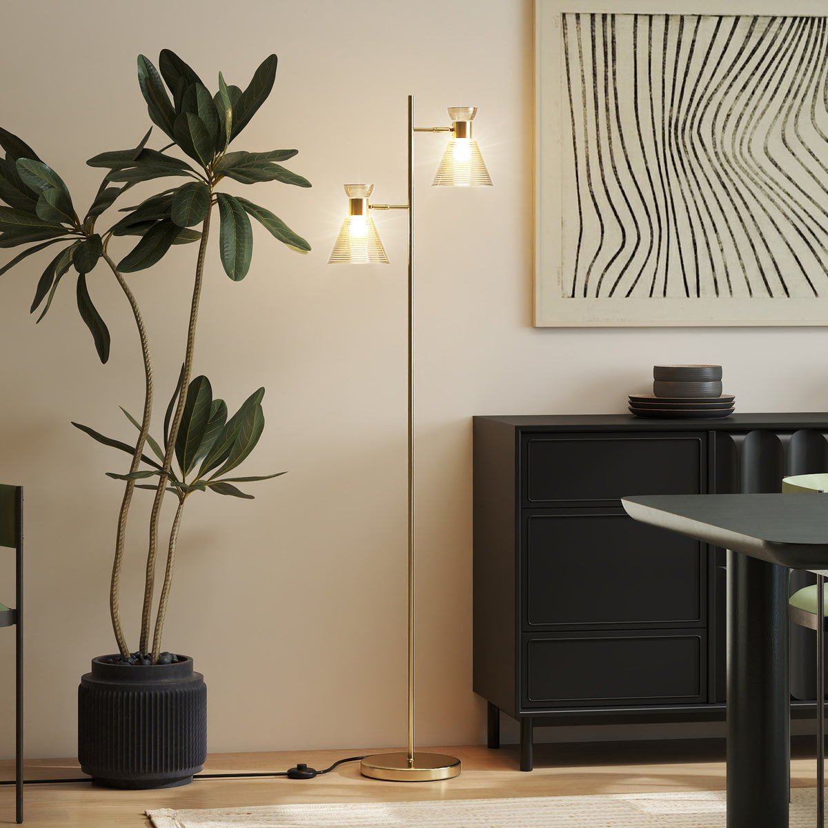 Lampadaire sur pied salon à double tête réglable, lampe sur pied, abat-jour en verre floral, 42 x 25 x 165 cm, doré