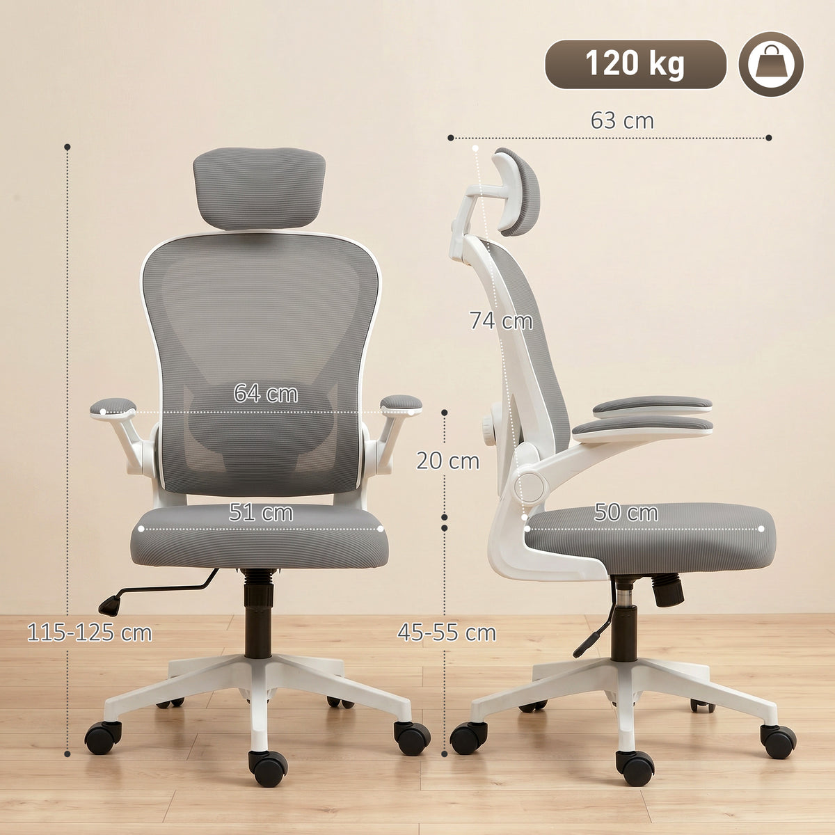 Chaise de Bureau Ergonomique, Fauteuil de Bureau en Maille avec Appui-Tête et Soutien Lombaire Réglables, Gris