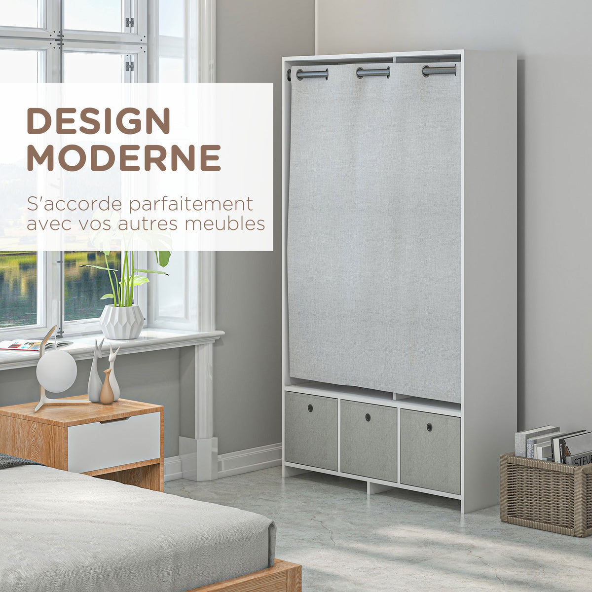 Armadio guardaroba armadio contenitore con asta appendiabiti, tende e 3 cassetti in tessuto rimovibili, 105 x 48 x 160 cm, bianco