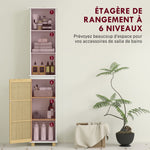 Colonne salle de bain, meuble salle de bain rangement avec porte à lattes en bambou et compartiments ouverts, blanc