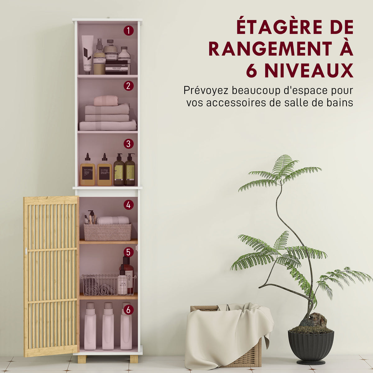 Colonne salle de bain, meuble salle de bain rangement avec porte à lattes en bambou et compartiments ouverts, blanc