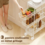 Chariot de rangement à 4 niveaux, desserte à roulettes, 3 paniers coulissants, panier supérieur 19 x 43,2 x 80 cm blanc-3