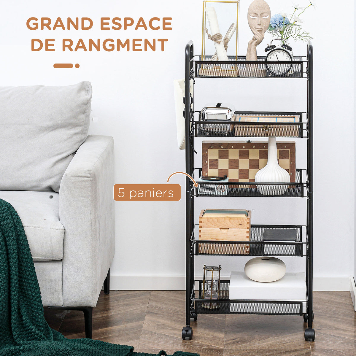 Chariot desserte de rangement à roulettes avec 5 paniers amovibles en acier, dim. 45L x 26.5l x 106H cm