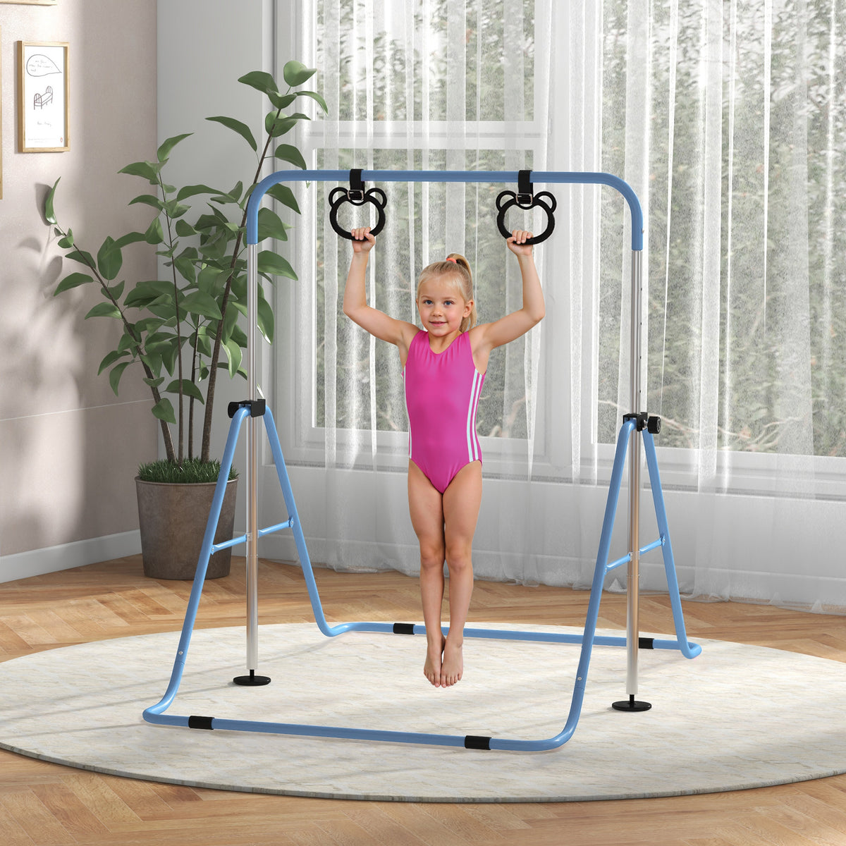 Barre de gymnastique pour enfants, barre horizontale pliable à hauteur réglable avec anneaux de gymnastique, bleu