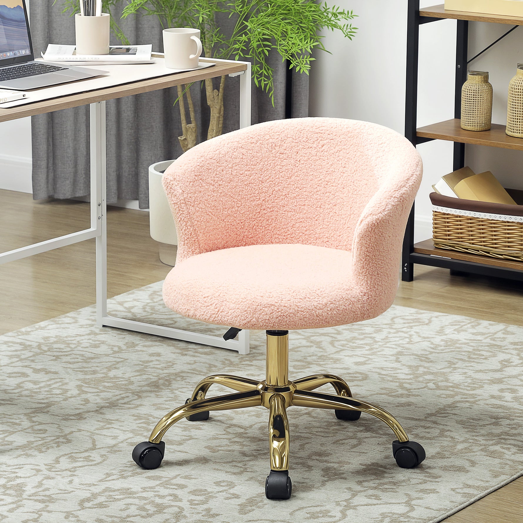 Chaise de bureau, fauteuil de bureau ergonomique réglable en hauteur, siège pivotante, piètement en acier, rose