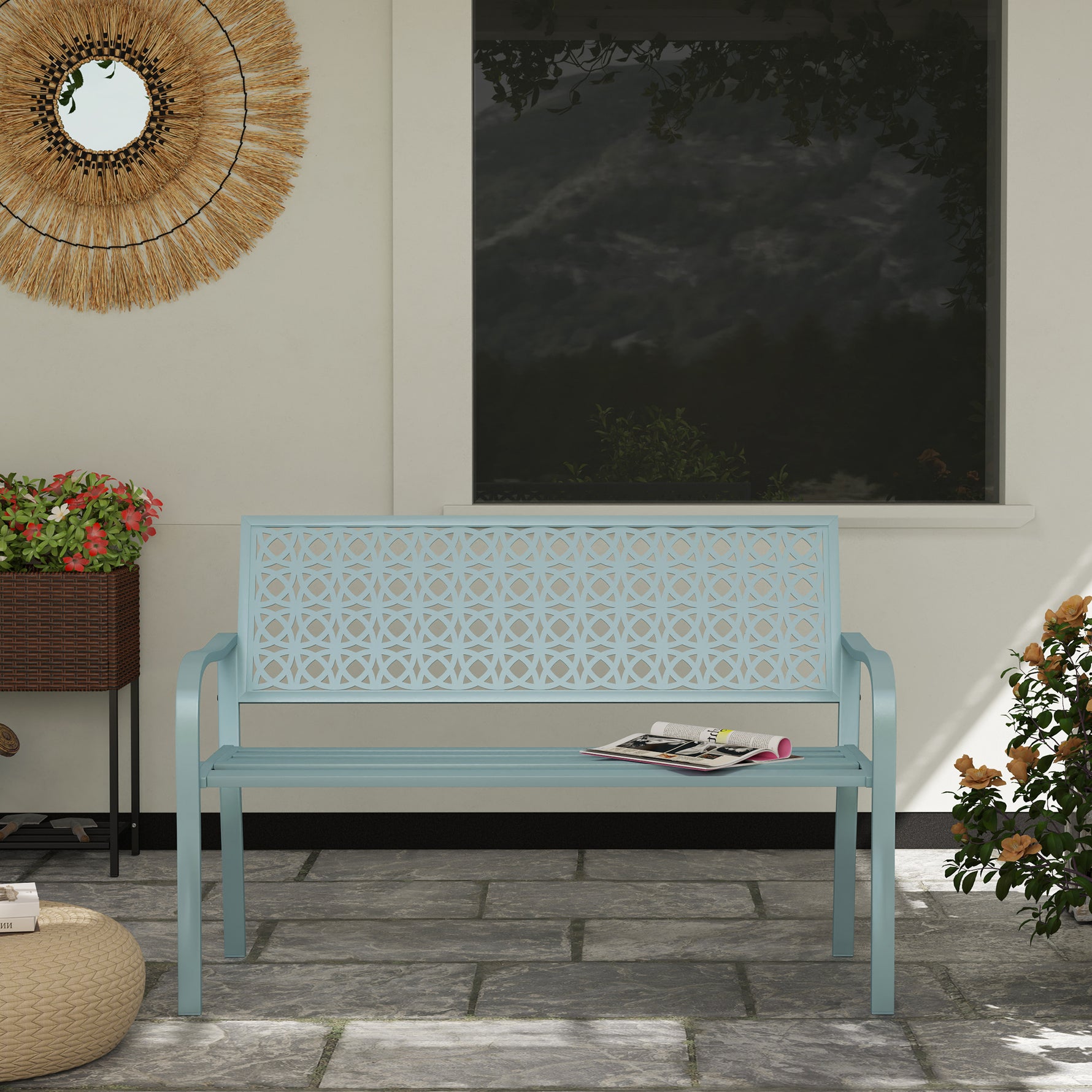 Banc de jardin 2 places, banc extérieur jardin en acier avec dossier ajouré, 127 x 63 x 85 cm, bleu