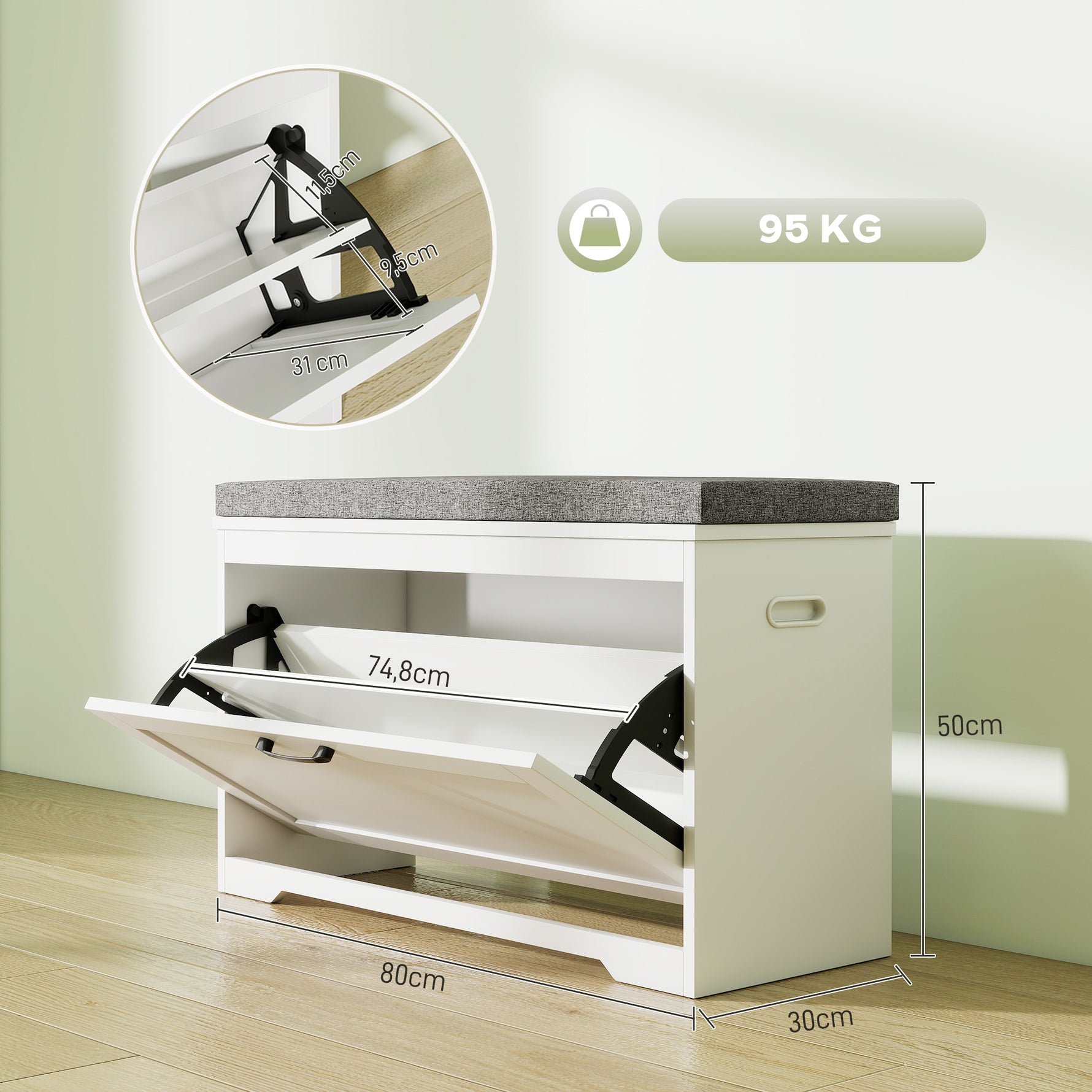 Banc à chaussures, banc d'entrée moderne avec siège rembourré, tiroir basculant et étagère ajustable, 80x30x50cm, blanc