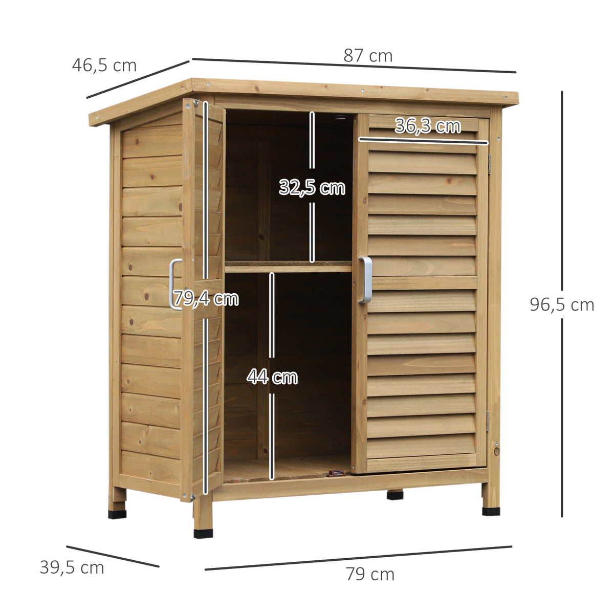 Armoire de jardin abri jardin remise pour outils sur pied dim. 87L x 46,5l x 96,5H cm  étagère portes persiennes toit bitumé jaune