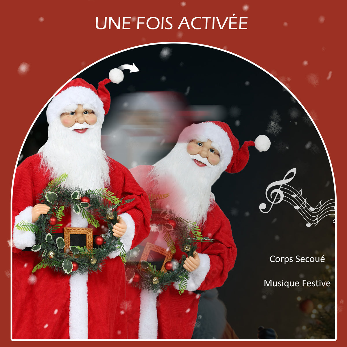 Figurine de Père Noël, debout de Père Noël, commande vocale, musique festive, bras pliables, 110 cm, rouge