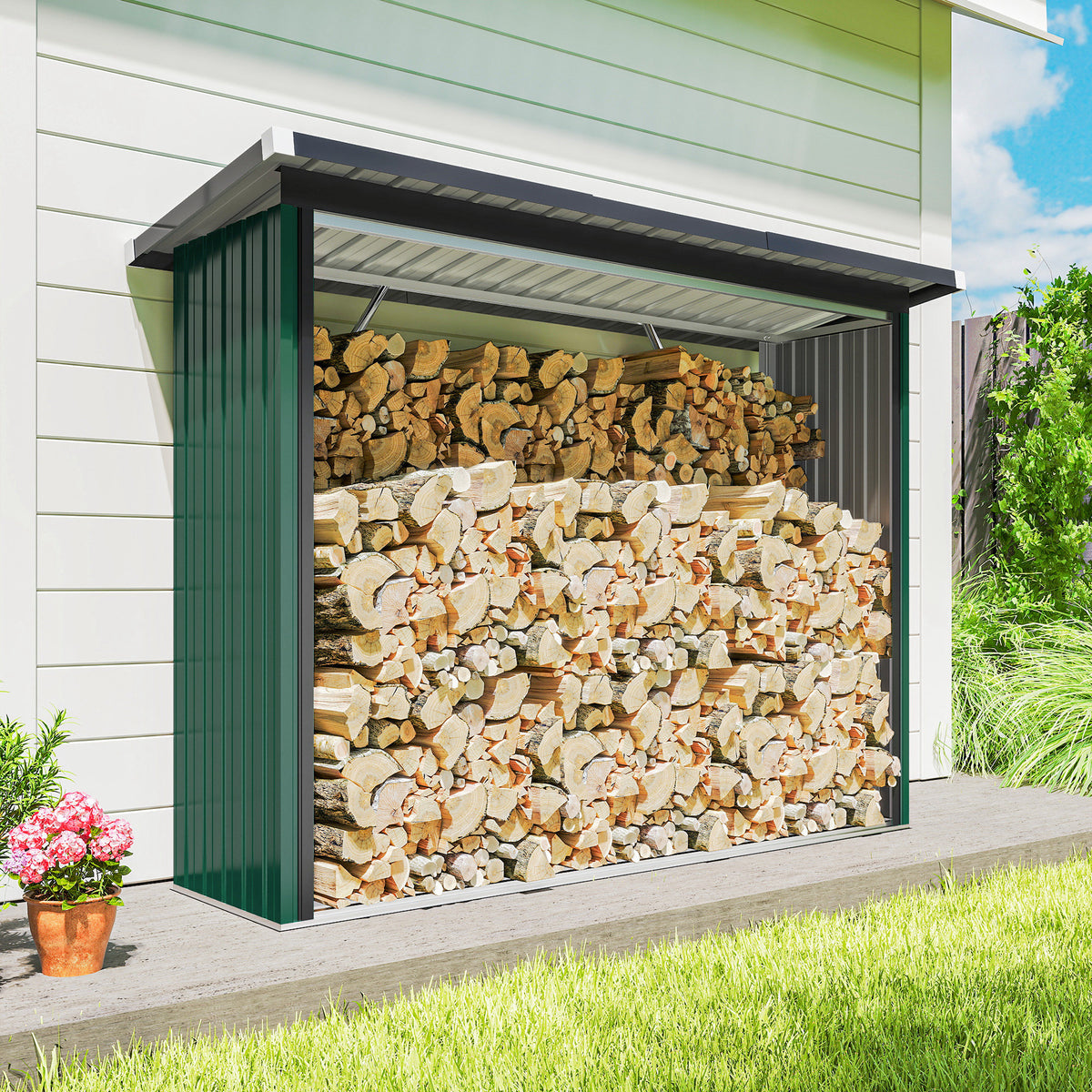 Abri-bûches Couvert Support pour Bois de Chauffage Plancher Surélevé Toit Incliné, Acier Galvanisé 213x66,5x150cm Vert