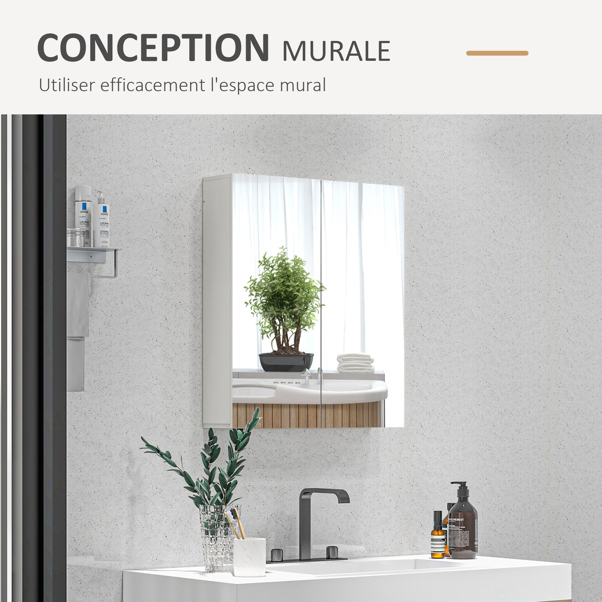 Armoire murale de salle de bain miroir placard de rangement 2 portes 3 niveaux étagère réglable 60 x 15 x 60 cm blanc