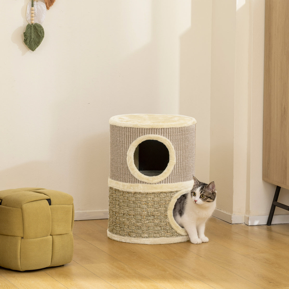 Tonneau à gratter pour chat arbre à chat sisal naturel et herbiers marins recouvert de peluche 35,5x35,5x49cm kaki café