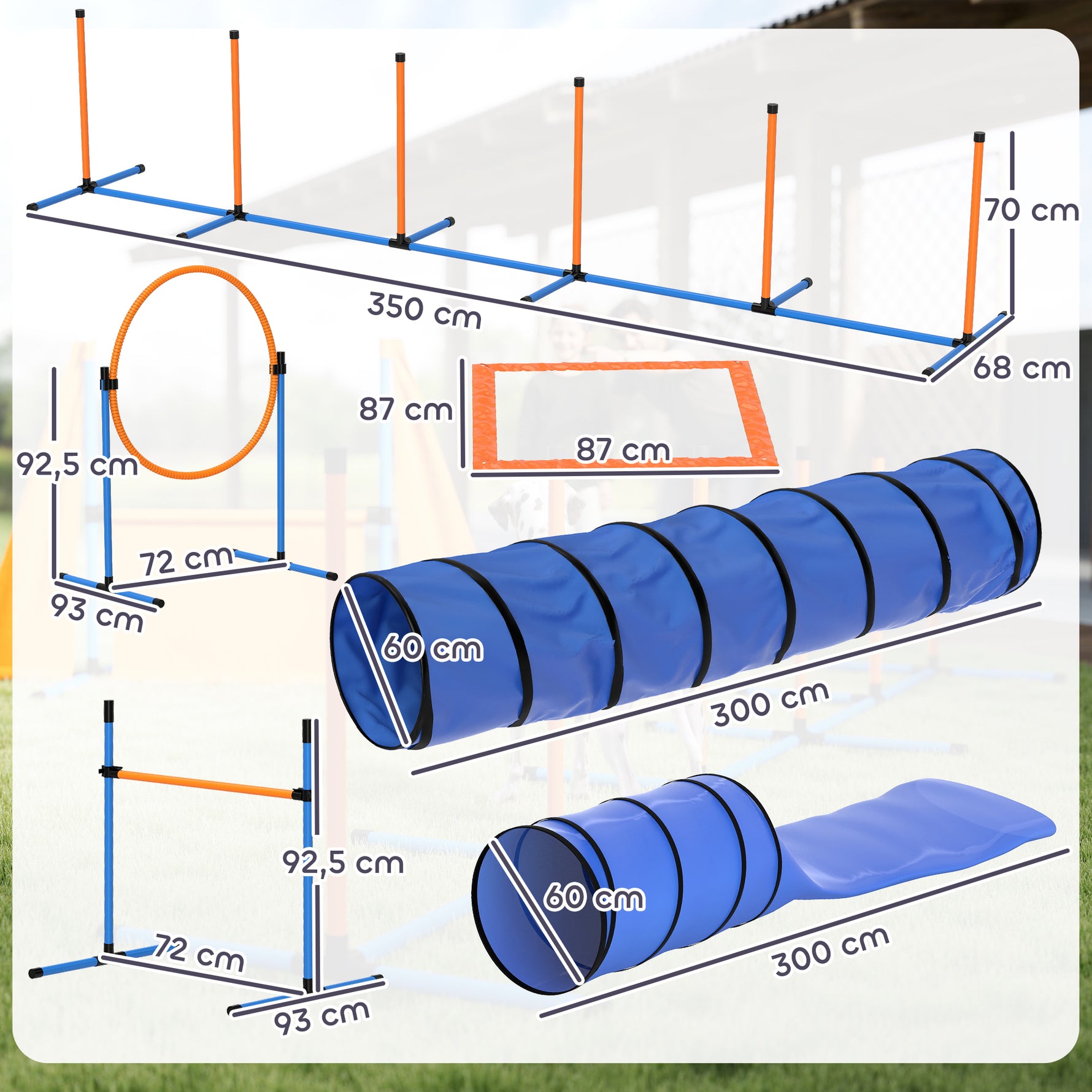 Ensemble d'Agilité pour Chien 11 Pièces, Parcours d'Obstacle avec 2 Tunnels, Sauts Ajustables, Orange et Bleu