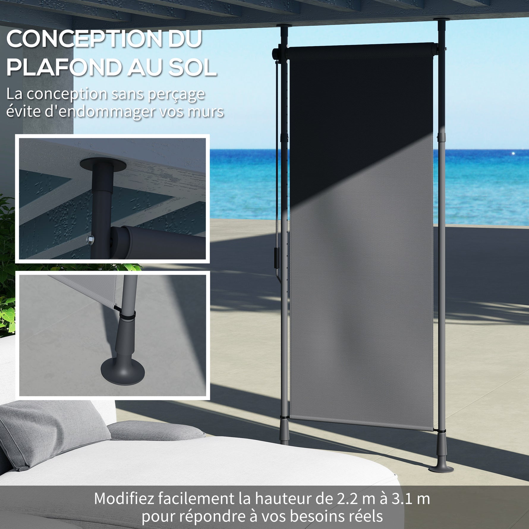 Store manuel rétractable sur pied longueur réglable manivelle installation sans perçage métal alu. polyester gris foncé