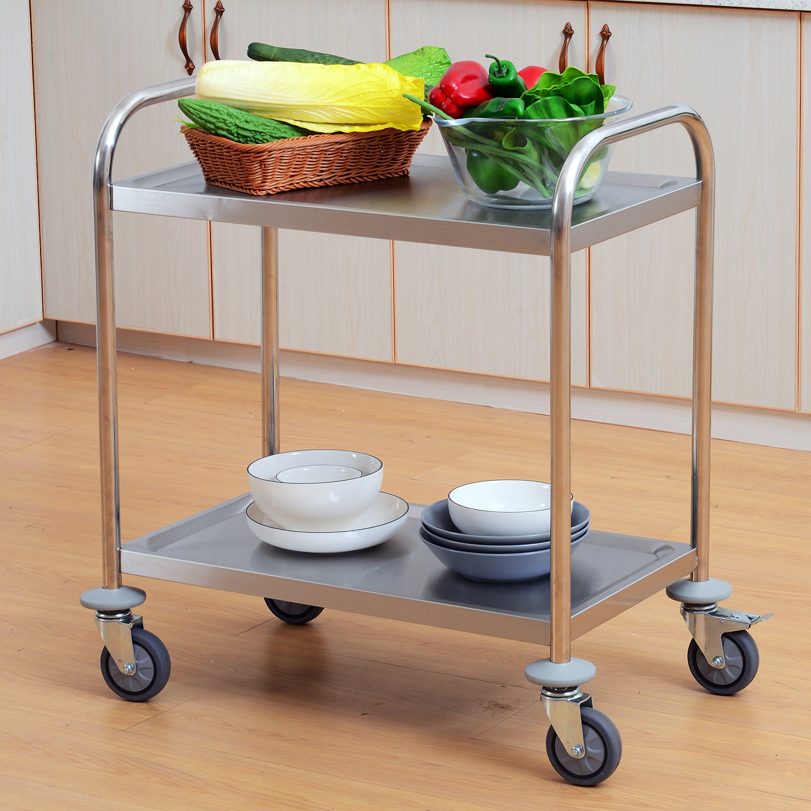 Chariot de service desserte de cuisine à roulettes 2 étagères 80L x 45l x 82H cm acier inox. chromé