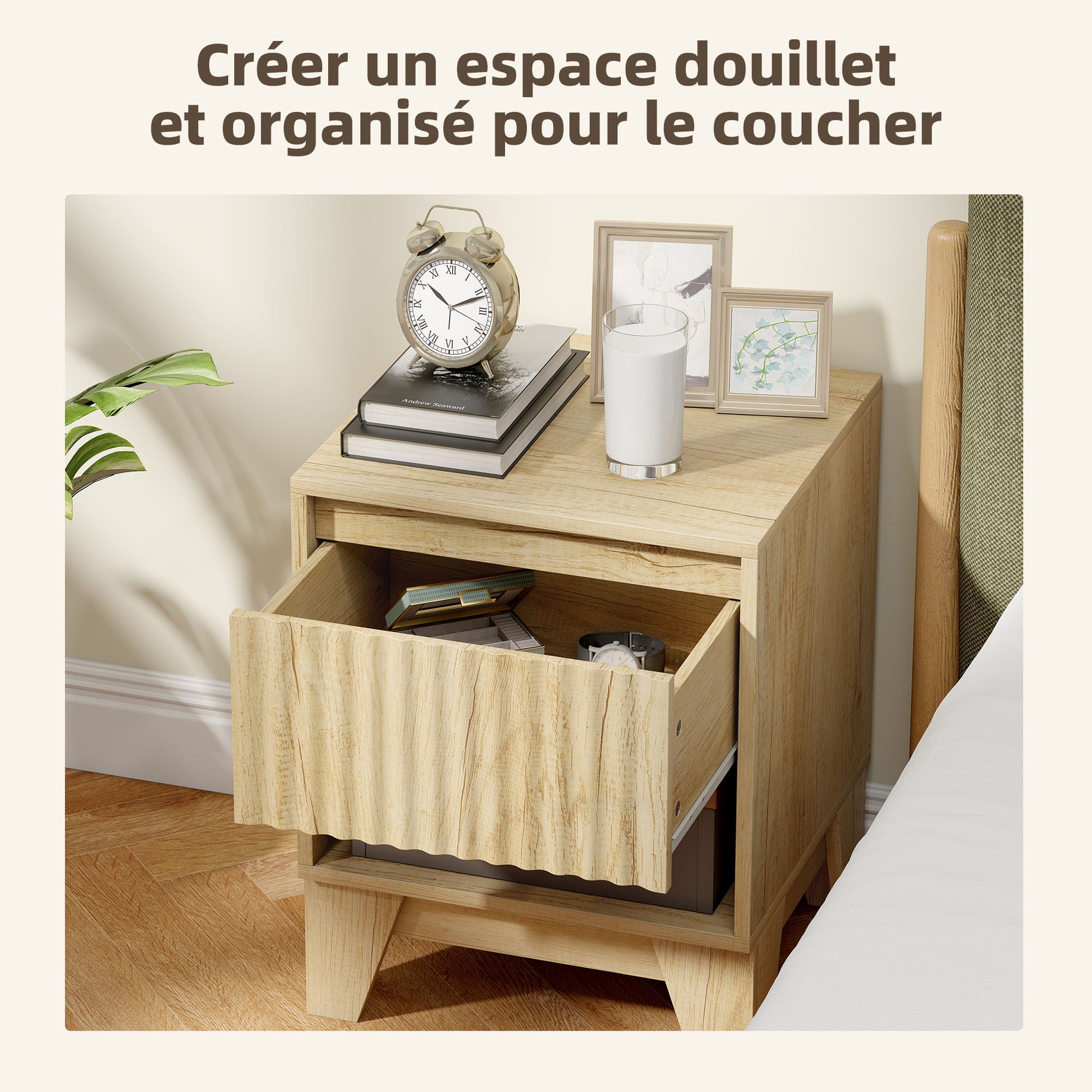 Lot de 2 tables de chevet étroite, table d'appoint compartiment ouvert 1 tiroir, panneaux cannelés 43x40x55cm naturel
