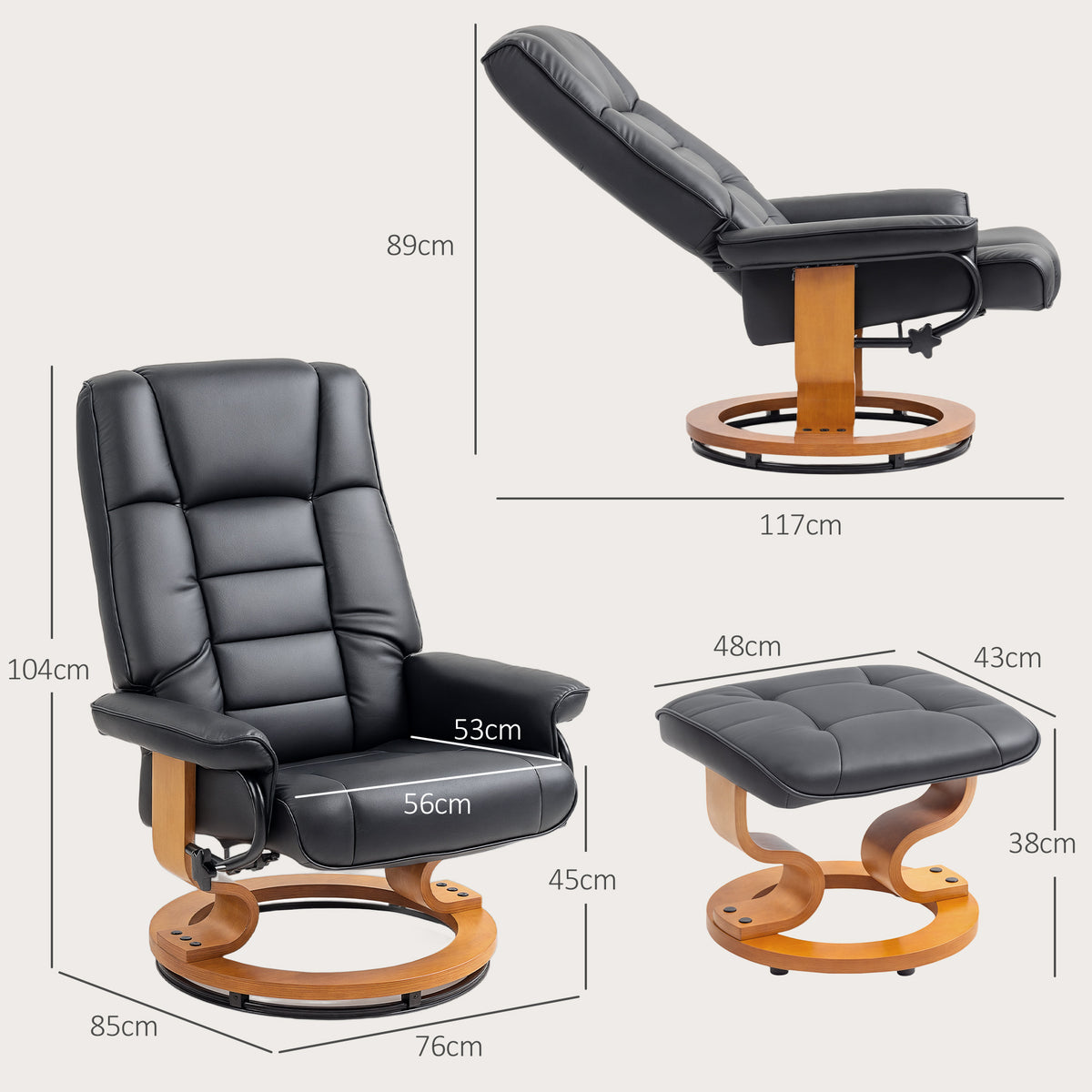 Fauteuil de relaxation inclinable avec repose-pied, pivotant, cadre en bois , revêtement synthétique noir