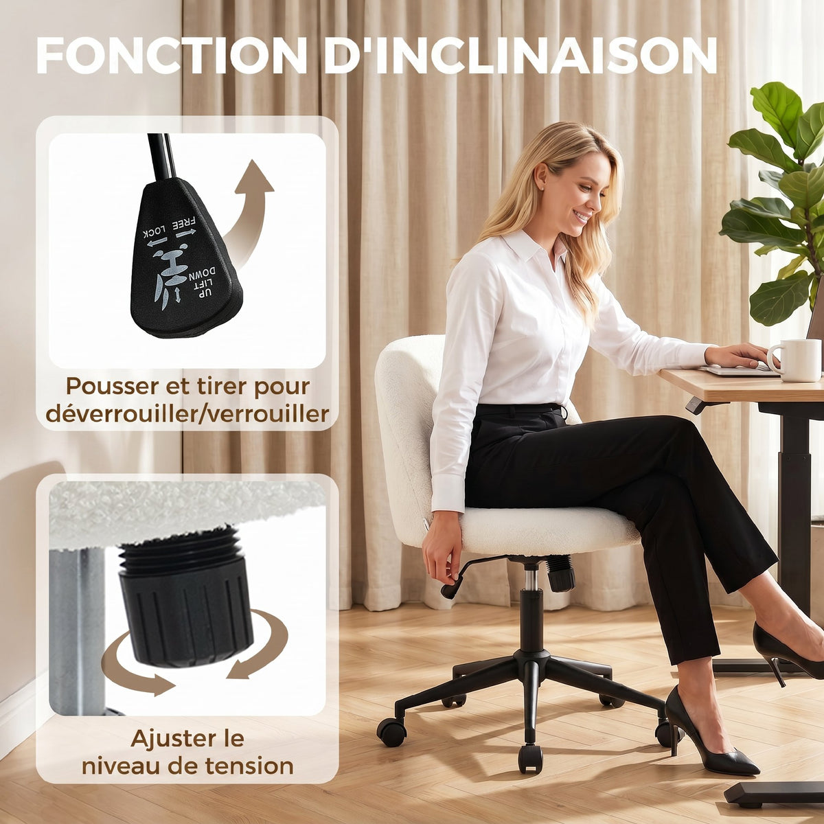 Chaise de Bureau Pivotante en Fourrure Teddy, Hauteur Réglable, Roulettes, Mousse Haute Résilience, Crème