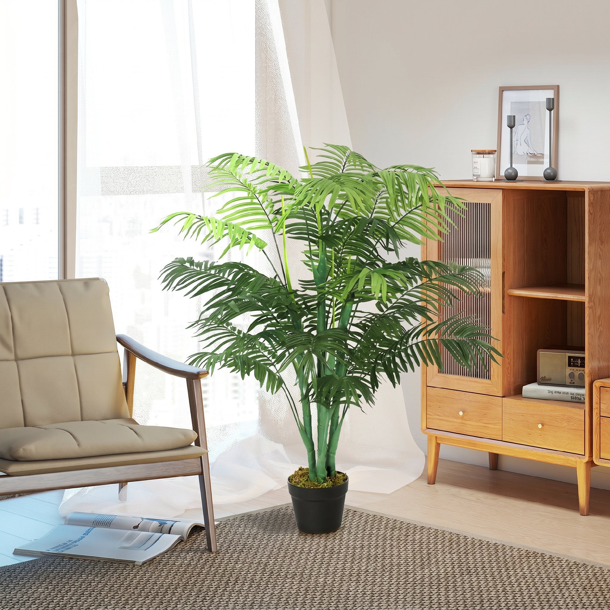 Palmier Artificiel 125 cm avec 18 Grandes Feuilles, Base en Ciment et Mousse de Lichen en PE, pour Salon Chambre, Vert