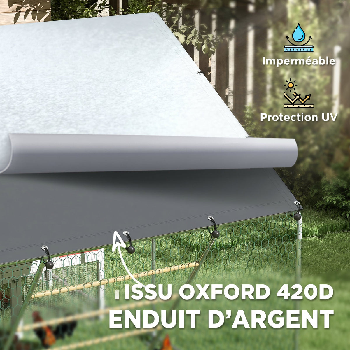 Enclos poulailler extérieur parc grillagé 6 m² avec perchoir et mangeoire acier galvanisé Ø25mm 300x200x195cm argent