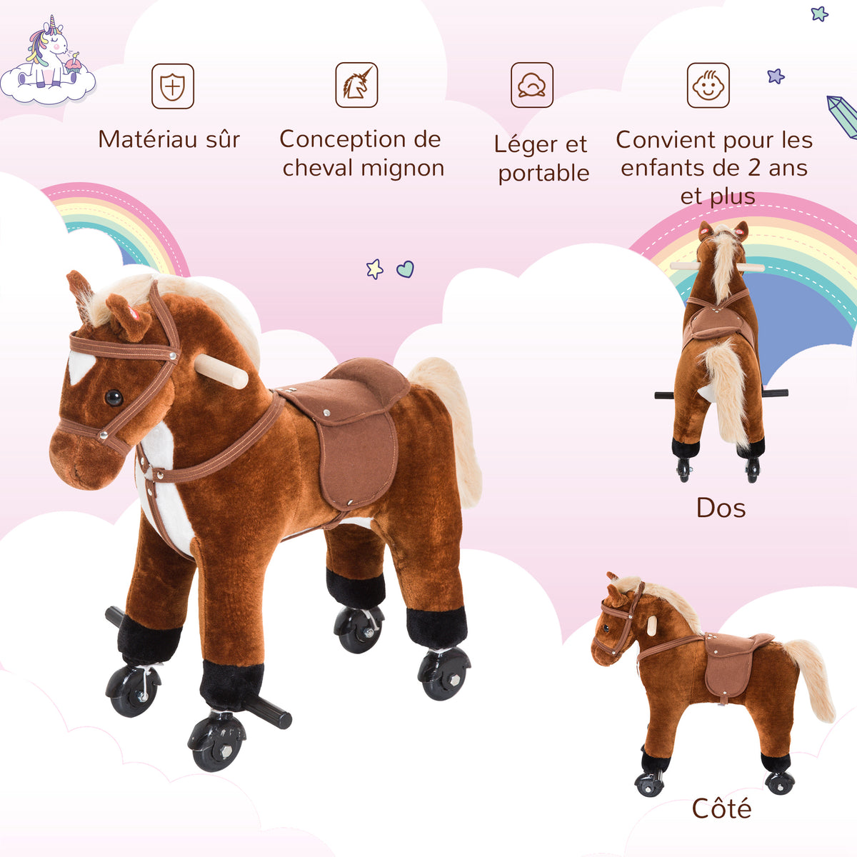 Jouet cheval pour enfant de +24 mois avec 4 roulettes, effet sonore, repose-pieds et guidon, 55x23x60 cm Marron