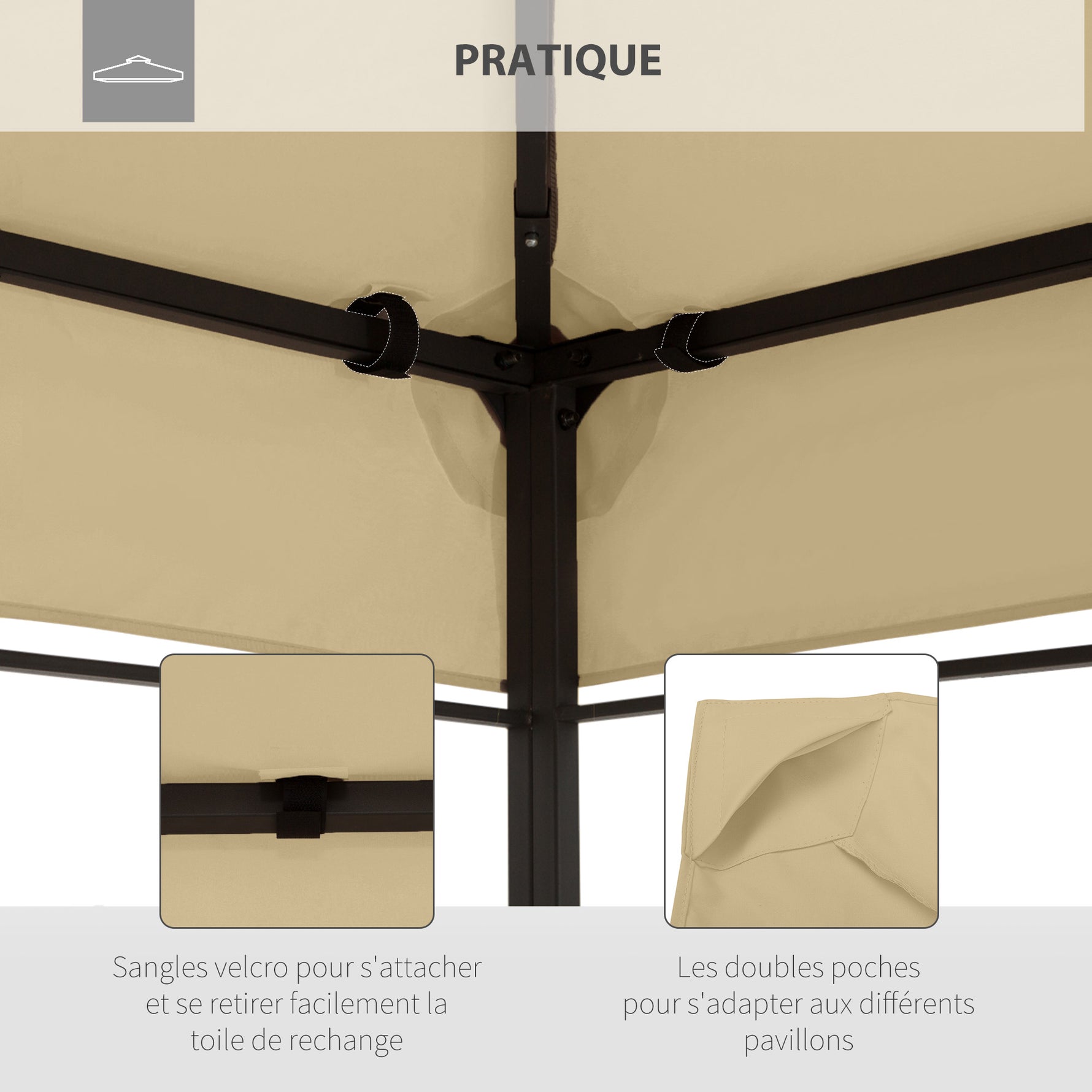 Toile de rechange pour pavillon tonnelle tente 3 x 4 m polyester haute densité 180 g/m² beige