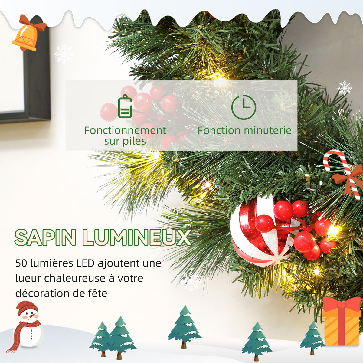Couronne de Noël lumineuse 60 cm avec 50 LED, minuterie, 146 pointes, pommes de pin, baies, boules décoratives, vert