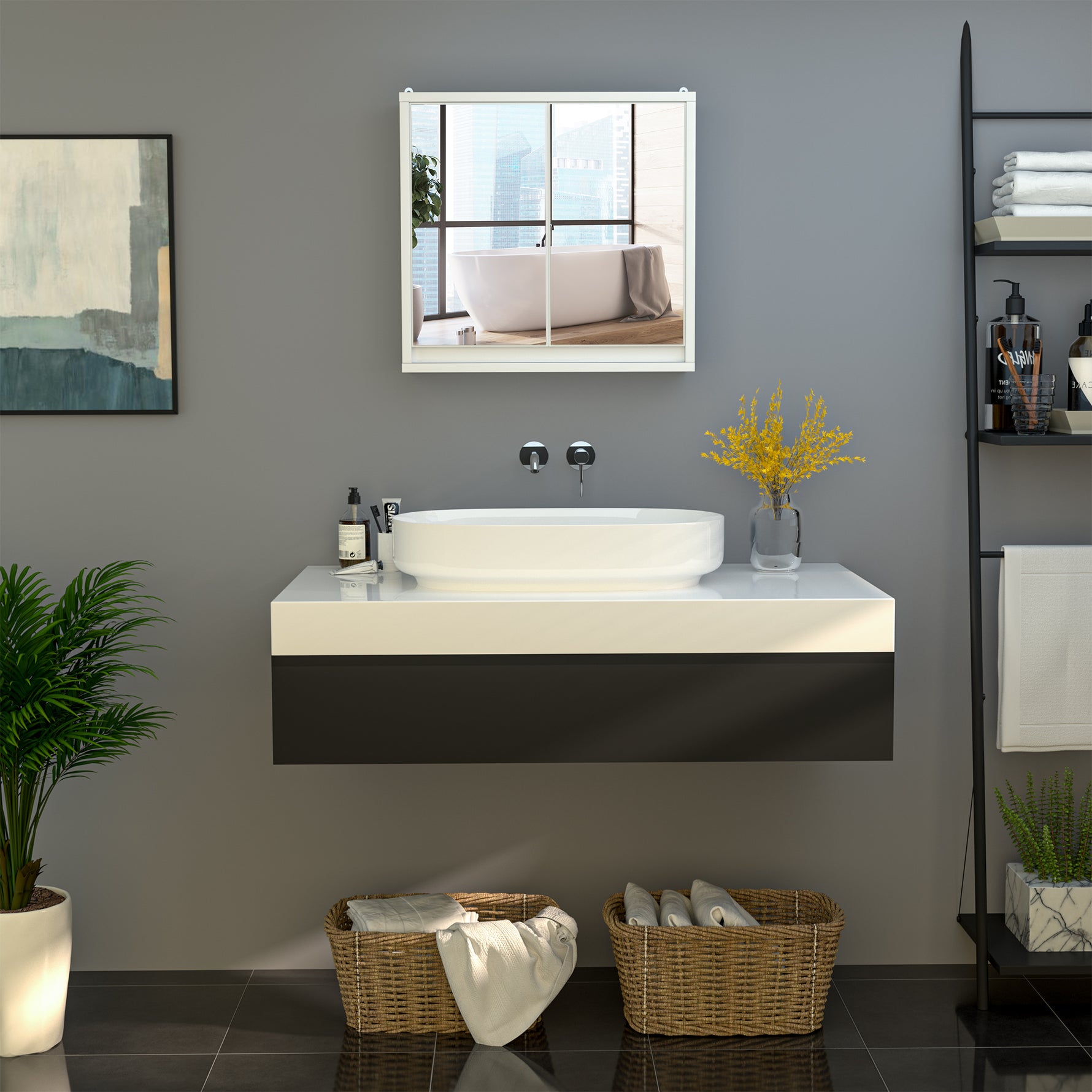 Armoire Murale Miroir Salle de Bain 2 étagères dim. 48L x 14l x 45H cm Panneaux Particules MDF Blanc