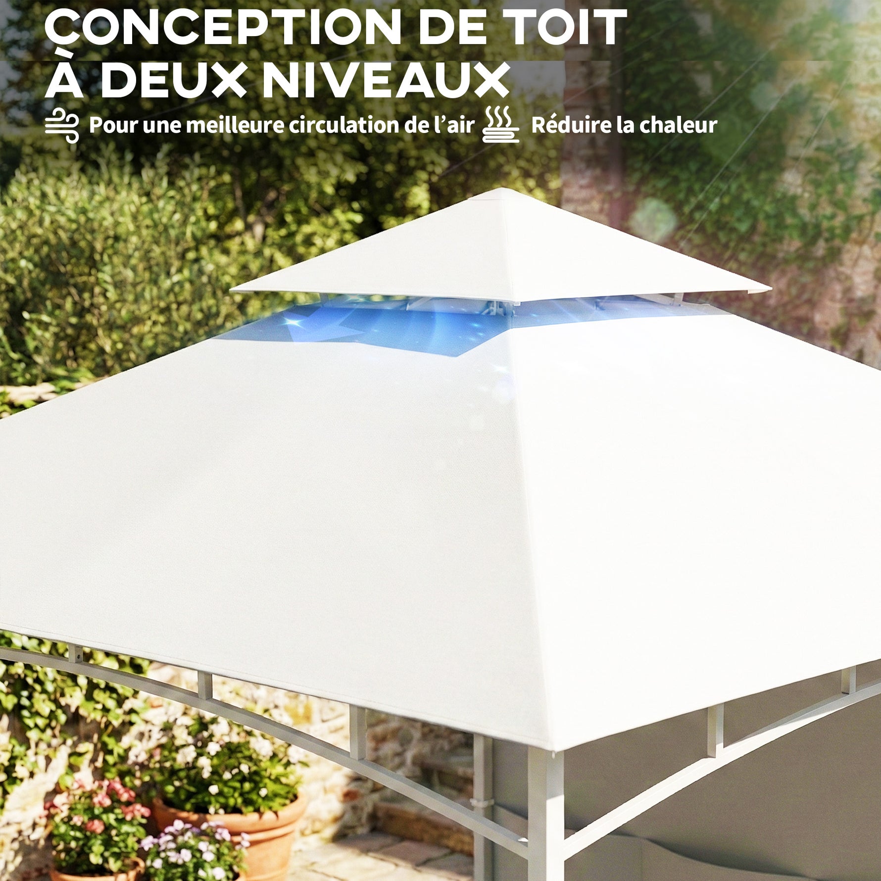 Pavillon Tonnelle de Jardin Toit Double Rideaux et Poches de Rangement Crochet de Plafond 3 x 3 m Crème