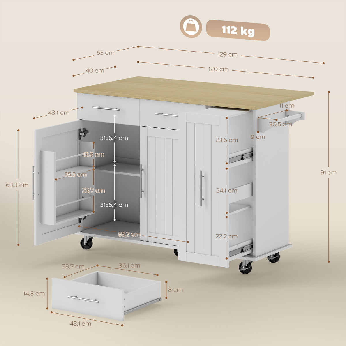 Îlot Central Cuisine avec Plateau Rabattable, Roulettes, 2 Tiroirs, Portes à Fermeture Douce, Porte-Serviettes, Blanc