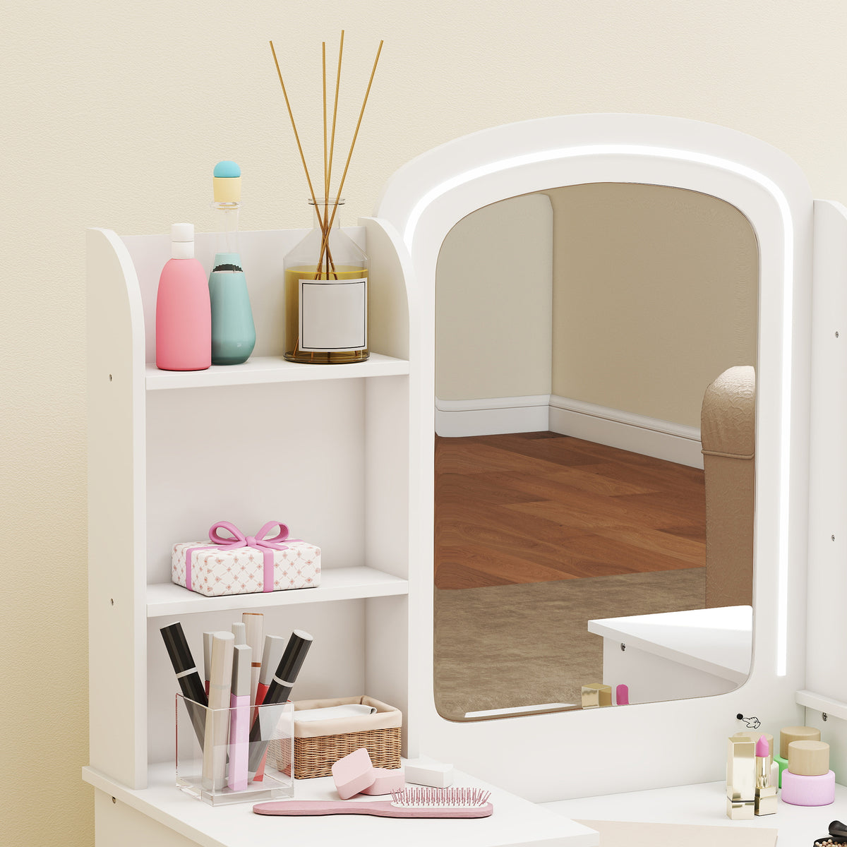 Coiffeuse pour enfants avec tabouret et miroir LED, table de maquillage pour 3 à 8 ans, 104 x 40 x 112 cm, blanc