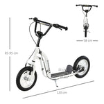 Trottinette enfants, grandes roues pneumatiques 12 pouce en caoutchouc, charge 100 kg, trottinette tout terrain avec double freins, hauteur réglable et béquille latérale, 5 à 12 ans, blanc