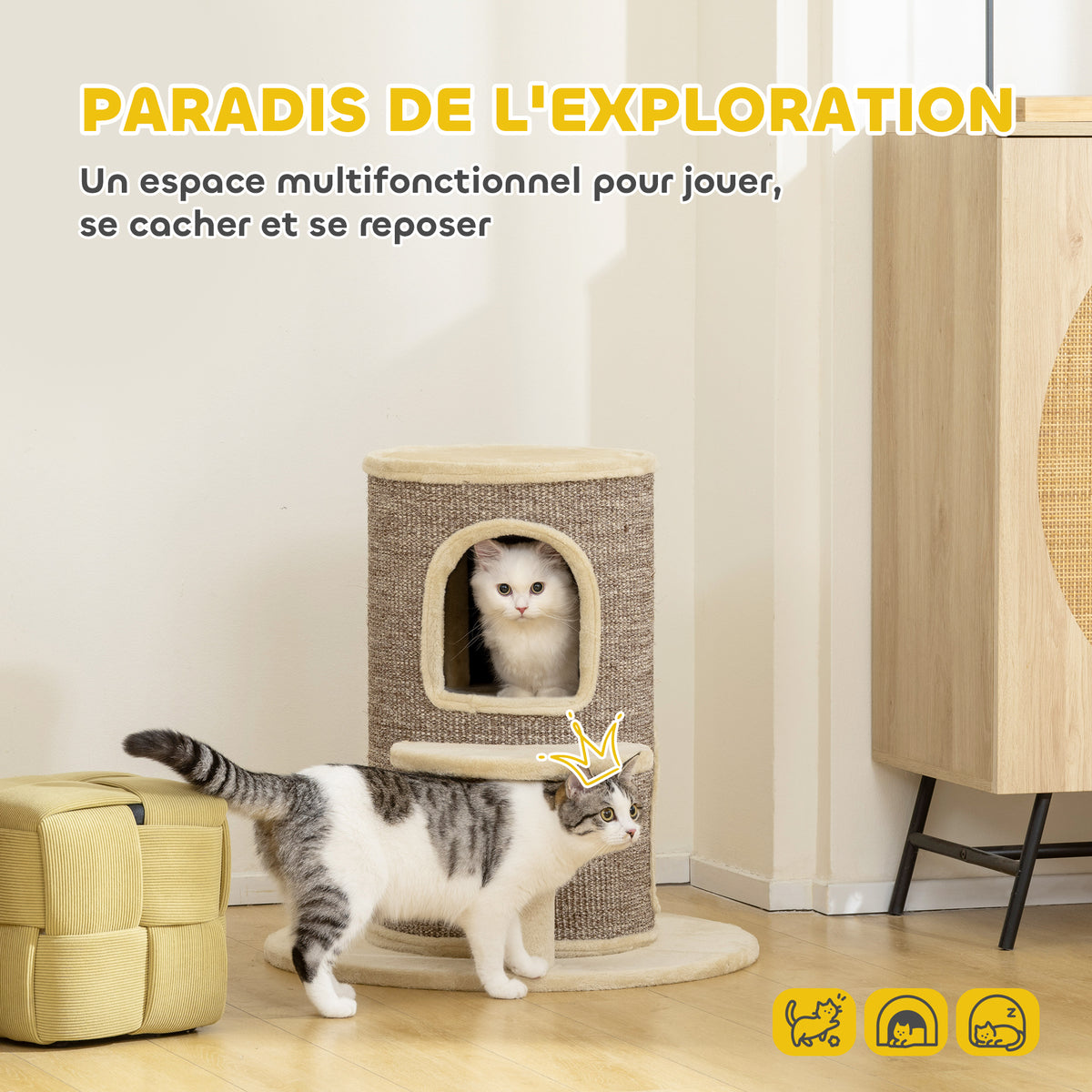 Tonneau à gratter tour à griffer pour chat 2 niveaux avec plate-forme parfait pour griffes & jeu 60 x 60 x 61 cm beige