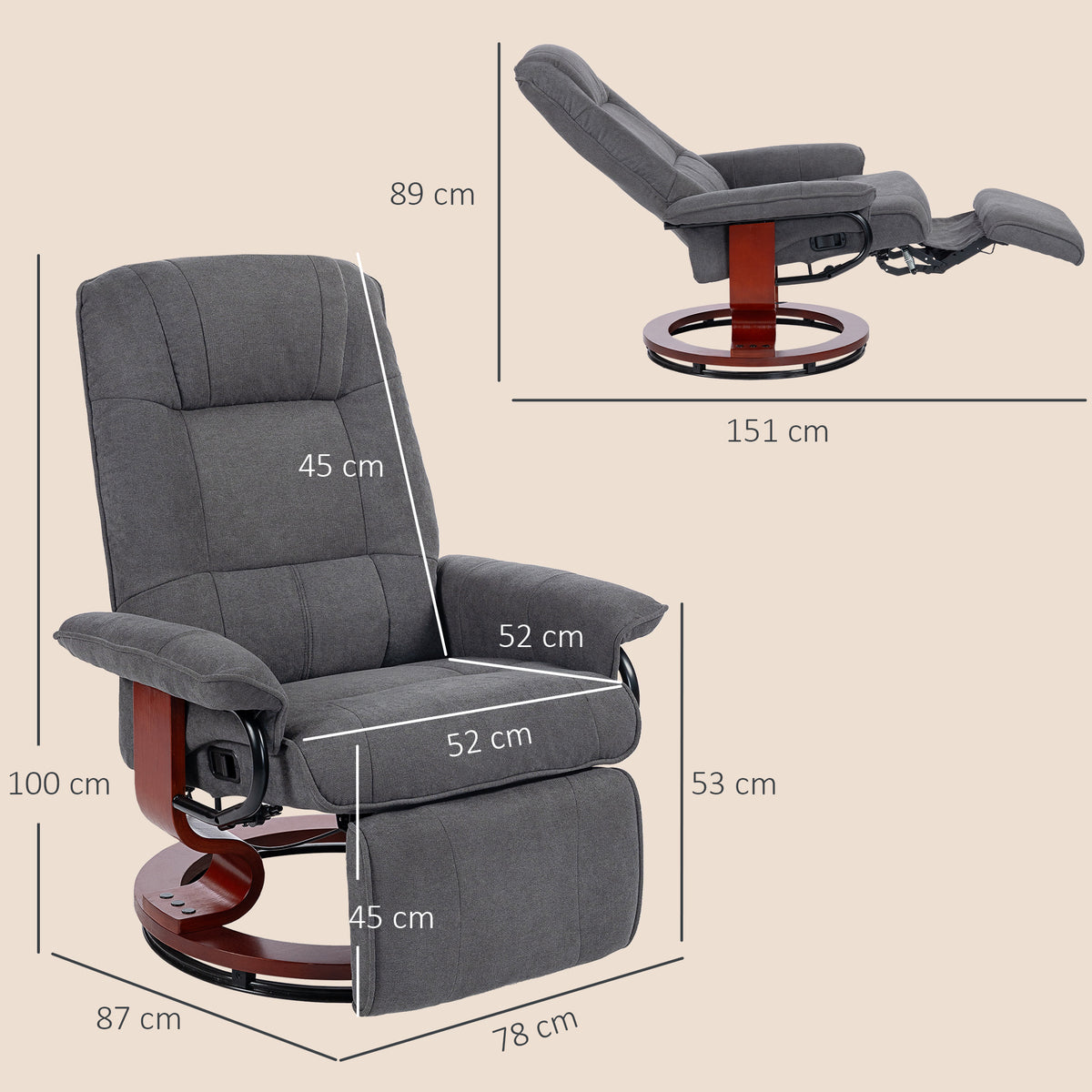 Fauteuil relax inclinable repose-pieds réglable pivotant 360° piètement bois tissu aspect lin gris
