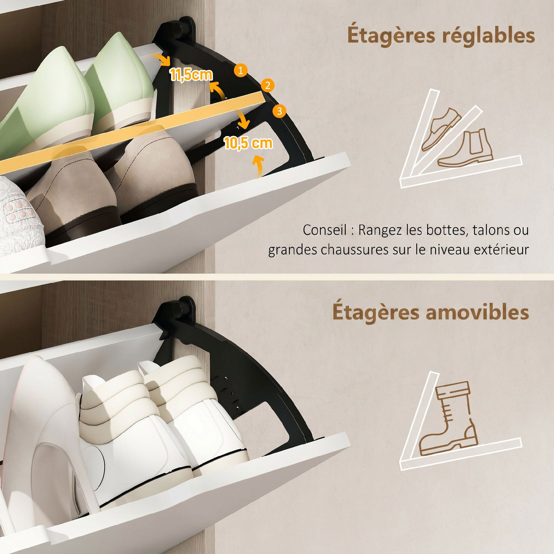 Meuble à chaussures 12 paires, armoire à chaussures étroite, 3 tiroirs rabattables, chêneet blanc