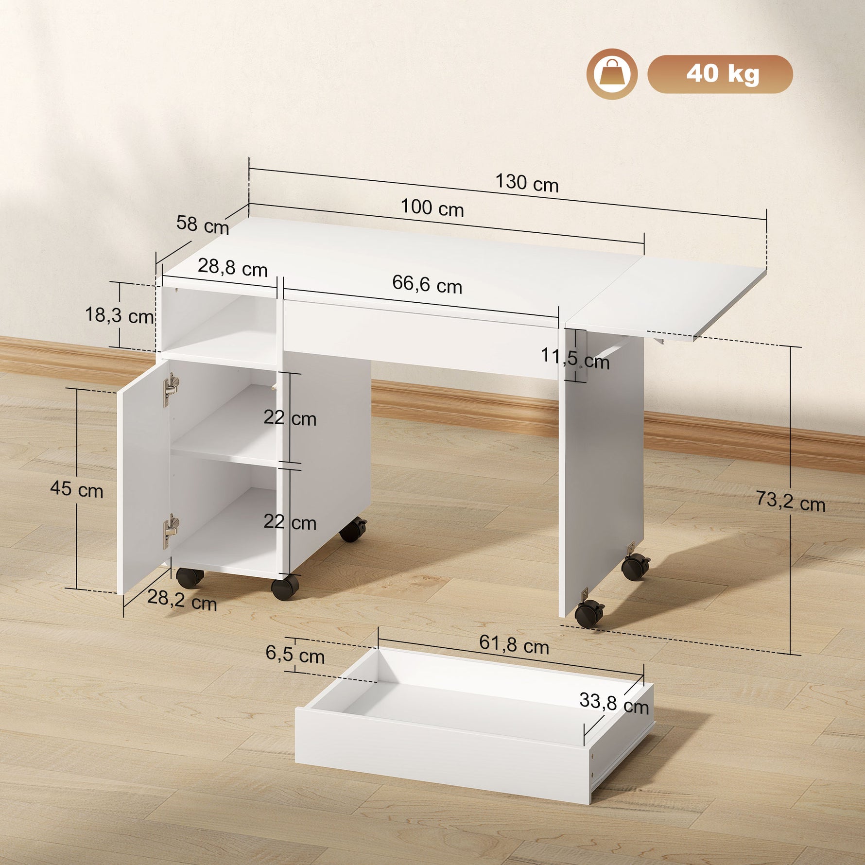 Bureau d'ordinateur sur roulettes, table informatique avec abattant, tiroir, placard et compartiment, 130 x 58 cm, blanc