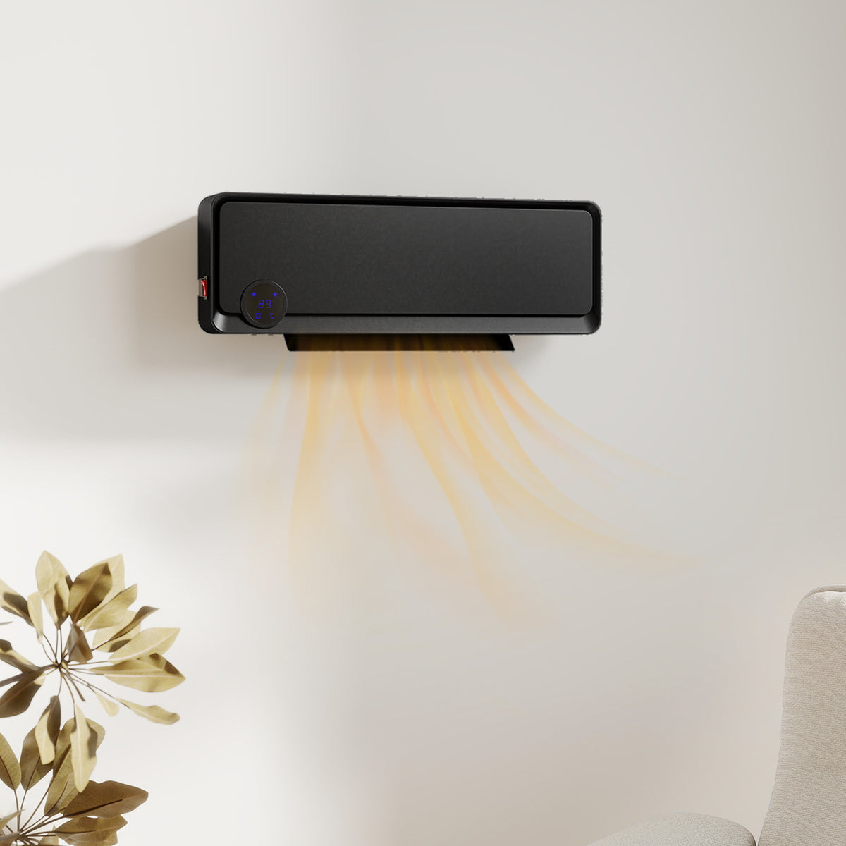 Oscillerende wandventilator 2000 W, PTC-keramische verwarming, 3 vermogensniveaus, 56x11,7x18,5 cm, Zwart