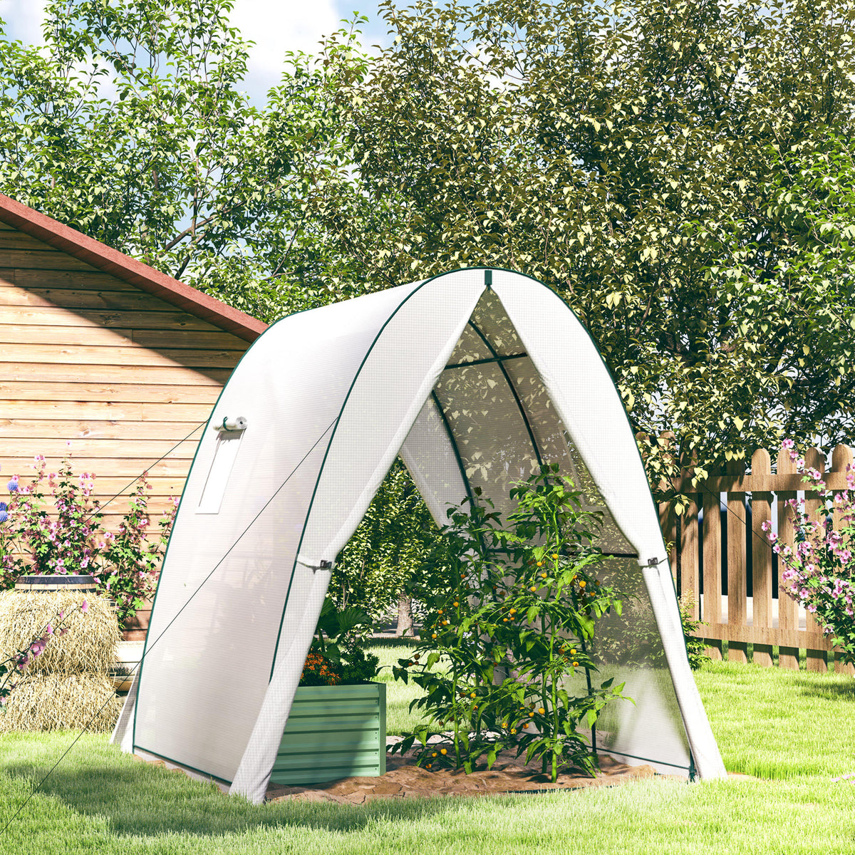 Serre de jardin 1,8 x 1,8 x 2 m avec portes enroulables et grandes fenêtres, serre tunnel de jardin, blanc